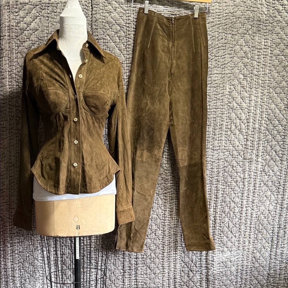 Byron Lars Olive Braun Suede 100%Genuine Lether Women's Pants & Jacket Set